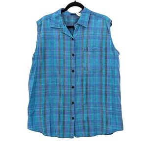 Plaid Sleeveless Button Up Cotton Tunic Top Plus Size